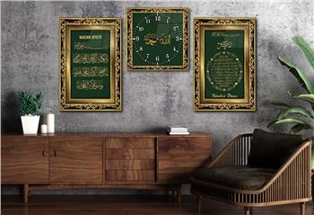 NAZAR AYETİ BEREKET DUASI YAZILI CAM TABLO CAM DUVAR SAATİ SETİ 