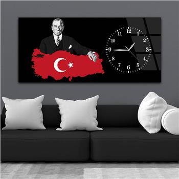 Yatay Saatli Yandan Vatan Temalı Cam Tablo 013