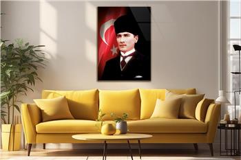 MUSTAFA KEMAL ATATÜRK ve TÜRK BAYRAĞI GÖRSELLİ  CAM TABLO
