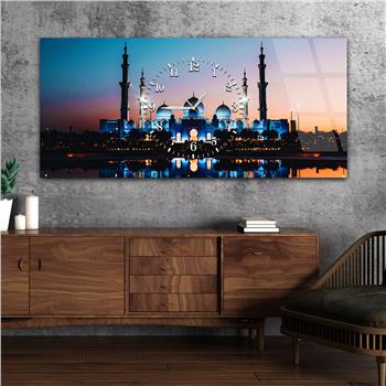 Yatay Ortadan Saatli  Dini Temalı Cam Tablo 018