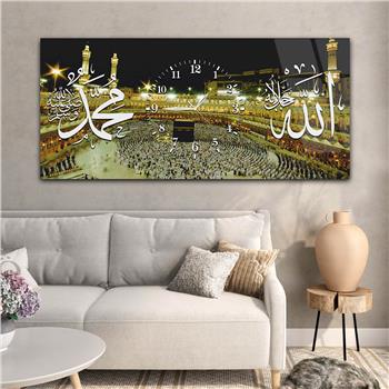 Yatay Ortadan Saatli  Dini Temalı Cam Tablo 067