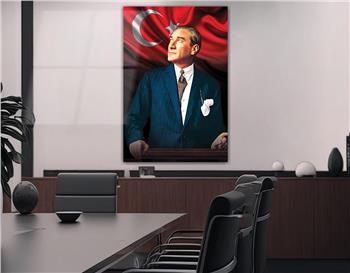 MUSTAFA KEMAL ATATÜRK ve TÜRK BAYRAĞI GÖRSELLİ  CAM TABLO
