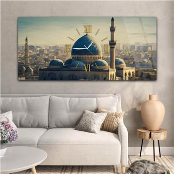 Yatay Ortadan Saatli  Dini Temalı Cam Tablo 111