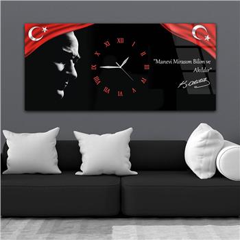 Yatay Ortadan Saatli  Vatan Temalı Cam Tablo 017