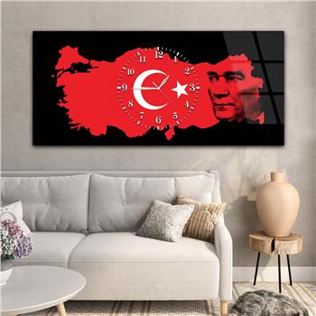 Türkiye Haritası Üzerinde Türk Bayrağı ve Atatürk Saatli Cam Tablo 061