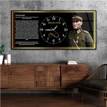 Asker Kıyafetli Atatürük ve Gençliğe Hitabe Saatli  Cam Tablo 036