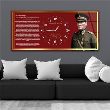 Mustafa Kemal Atatürk ve Gençliğe Hitabe Yatay Ortadan Saatli  Vatan Temalı Cam Tablo 037