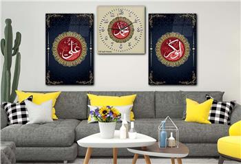 PEYGAMBER EFENDİMİZİN İSMİ HZ.EBUBEKİR HZ.ALİNİN İSMİ YAZILI CAM TABLO CAM SAAT SETİ 