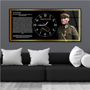 Asker Kıyafetli Atatürük ve Gençliğe Hitabe Saatli  Cam Tablo 036