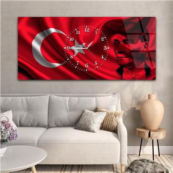 Türk Bayrağı ve Atatürk Yatay Ortadan Saatli  Vatan Temalı Cam Tablo 062