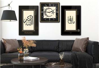 MAŞALLAH VE ALLAHU EKBER YAZILI AY YILDIZ İÇERİSİNE KELİMEİ TEVHİT YAZILI CAM TABLO CAM SAAT SATİ