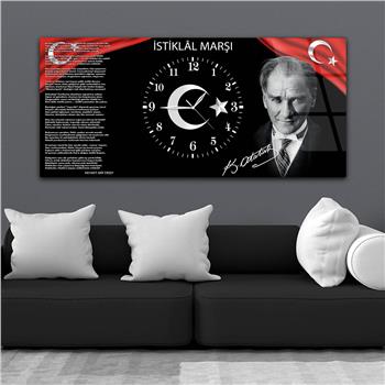 Yatay Ortadan Saatli  Vatan Temalı Cam Tablo 013
