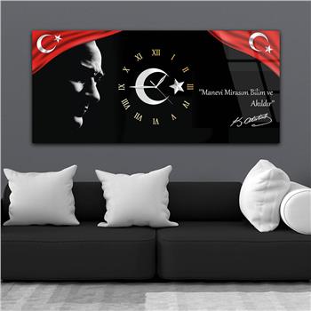 Yatay Ortadan Saatli  Vatan Temalı Cam Tablo 018