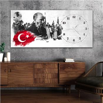 Yatay Saatli Yandan Vatan Temalı Cam Tablo 027