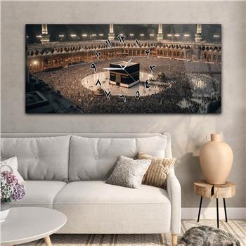 Yatay Ortadan Saatli  Dini Temalı Cam Tablo 090