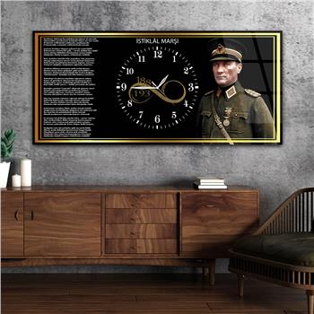 Yatay Ortadan Saatli  Vatan Temalı Cam Tablo 035