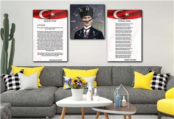 İSTİKLAL MARŞI MUSTAFA KEMAL ATATÜRK GÖRSELLİ CAM TABLO CAM SAAT SETİ 