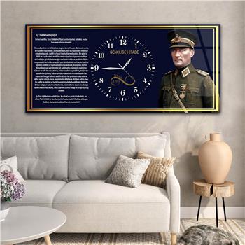 Mustafa Kemal Atatürk ve Gençliğe Hitabe Yatay Ortadan Saatli Cam Tablo 038