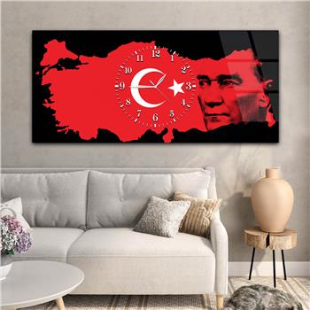 Türkiye Haritası Üzerinde Türk Bayrağı ve Atatürk Saatli Cam Tablo 060