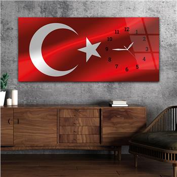 Türk Bayrağı Saatli Cam Tablo Yatay Saatli Vatan Temalı Cam Tablo 003