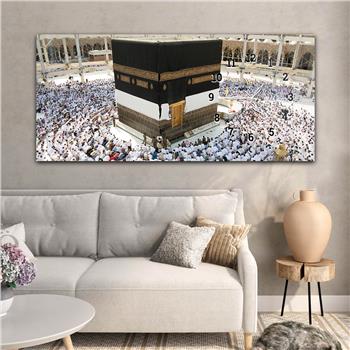 Kabe Tavaf Yatay Saatli Yandan Dini Temalı Cam Tablo 066
