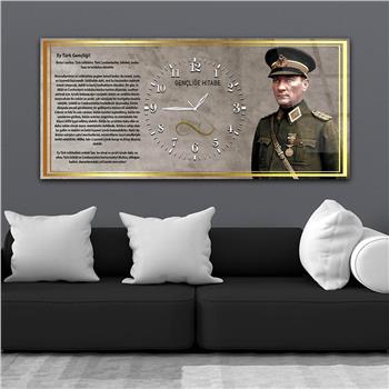 Askeri Kıyafetli Mustafa Kemal Atatürk ve Gençliğe Hitabesi Saatli  Cam Tablo 042