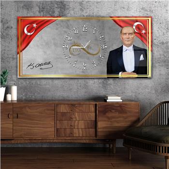 Yatay Ortadan Saatli  Vatan Temalı Cam Tablo 032