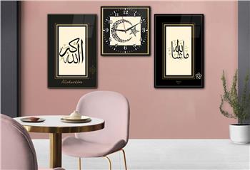 MAŞALLAH VE ALLAHU EKBER YAZILI AY YILDIZ İÇERİSİNE KELİMEİ TEVHİT YAZILI CAM TABLO CAM SAAT SATİ
