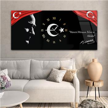 Yatay Ortadan Saatli  Vatan Temalı Cam Tablo 018