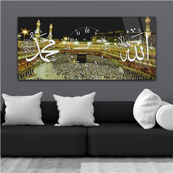 Yatay Ortadan Saatli  Dini Temalı Cam Tablo 067