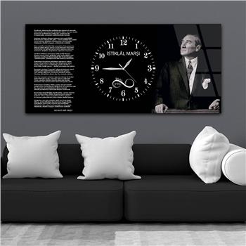 Mustafa Kemal Atatürk , İstiklal Marşı ve 1881-1938 Yazılı Saatli  Vatan Temalı Cam Tablo 045
