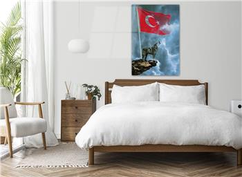 TÜRK BAYRAĞI VE KURT GÖRSELLİ CAM TABLO 