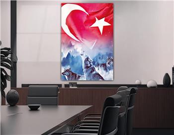 TÜRK BAYRAĞI VE KURT GÖRSELLİ CAM TABLO 