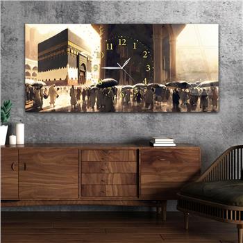 Yatay Ortadan Saatli  Dini Temalı Cam Tablo 087