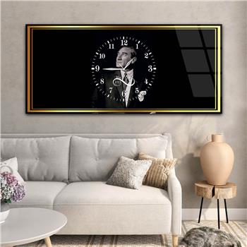 Mustafa Kemal Atatürk 1981-1938 Yatay Ortadan Saatli  Vatan Temalı Cam Tablo 046
