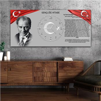 Yatay Ortadan Saatli  Vatan Temalı Cam Tablo 010