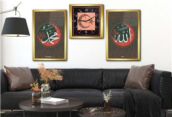 ALLAH C.C İSMİ PEYGAMBER EFENDİMİZİN İSMİ VE KELİME İ TEVHİD YAZILI AY YILDIZ GÖRSELLİ CAM TABLO CAM SAAT SETİ 