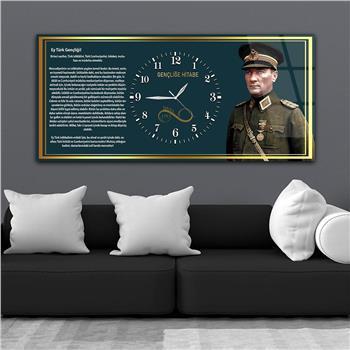 Asker Mustafa Kemal Atatürk ve Gençliğe Hitabesi Saatli Cam Tablo 040