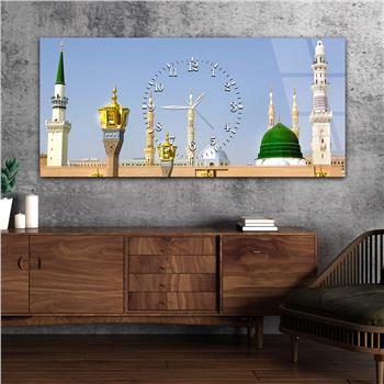 Yatay Ortadan Saatli  Dini Temalı Cam Tablo 026