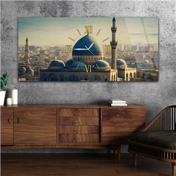 Yatay Ortadan Saatli  Dini Temalı Cam Tablo 111