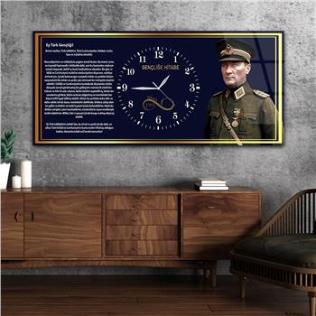 Mustafa Kemal Atatürk ve Gençliğe Hitabe Yatay Ortadan Saatli Cam Tablo 038