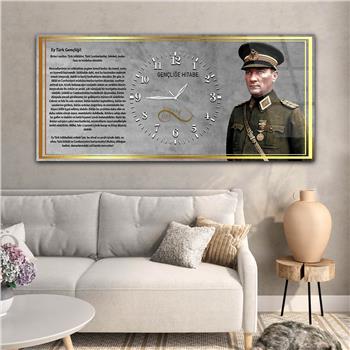 Mareşal Mustafa Kemal Atatürk ve Gençliğe Hitabesi Saatli  Vatan Temalı Cam Tablo 041