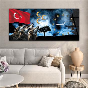 Türk Bayrağı Bozkurt ve Üç Hilal Yatay Saatli Yandan Vatan Temalı Cam Tablo 019