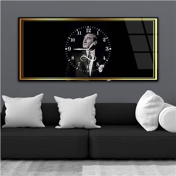 Mustafa Kemal Atatürk 1981-1938 Yatay Ortadan Saatli  Vatan Temalı Cam Tablo 046