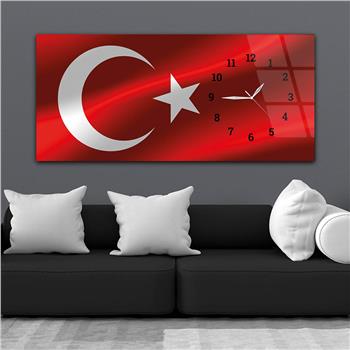 Türk Bayrağı Saatli Cam Tablo Yatay Saatli Vatan Temalı Cam Tablo 003