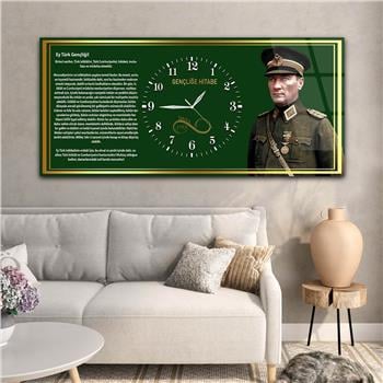 Askeri Mustafa Kemal Atatürk ve Gençliğe Hitabesi Saatli Cam Tablo 039