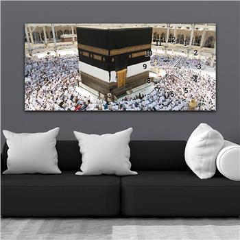 Kabe Tavaf Yatay Saatli Yandan Dini Temalı Cam Tablo 066