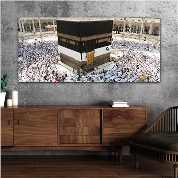 Kabe Tavaf Yatay Saatli Yandan Dini Temalı Cam Tablo 066