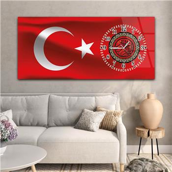 Yatay Saatli Yandan Vatan Temalı Cam Tablo 012