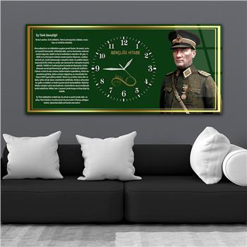 Askeri Mustafa Kemal Atatürk ve Gençliğe Hitabesi Saatli Cam Tablo 039